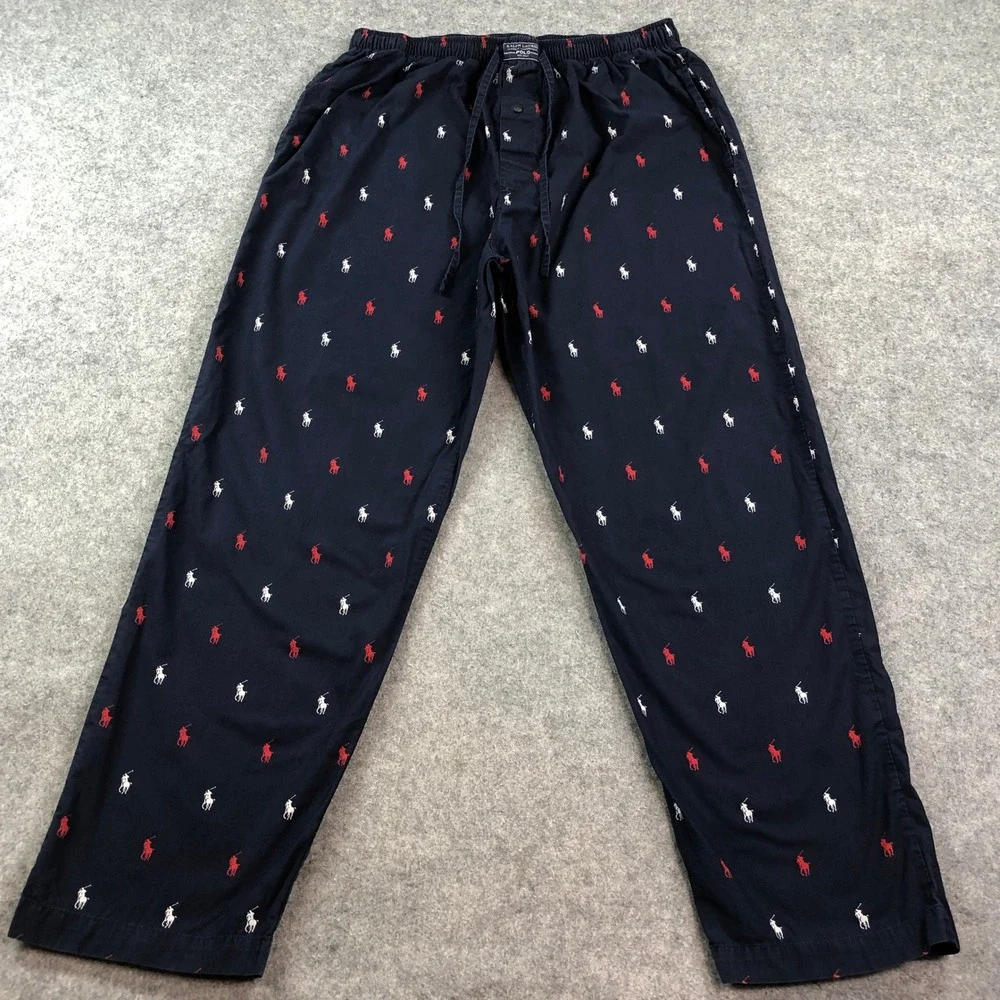 Polo Ralph Lauren Lounge Pants Mens L Straight Leg Navy Logo Pattern Sleepwear